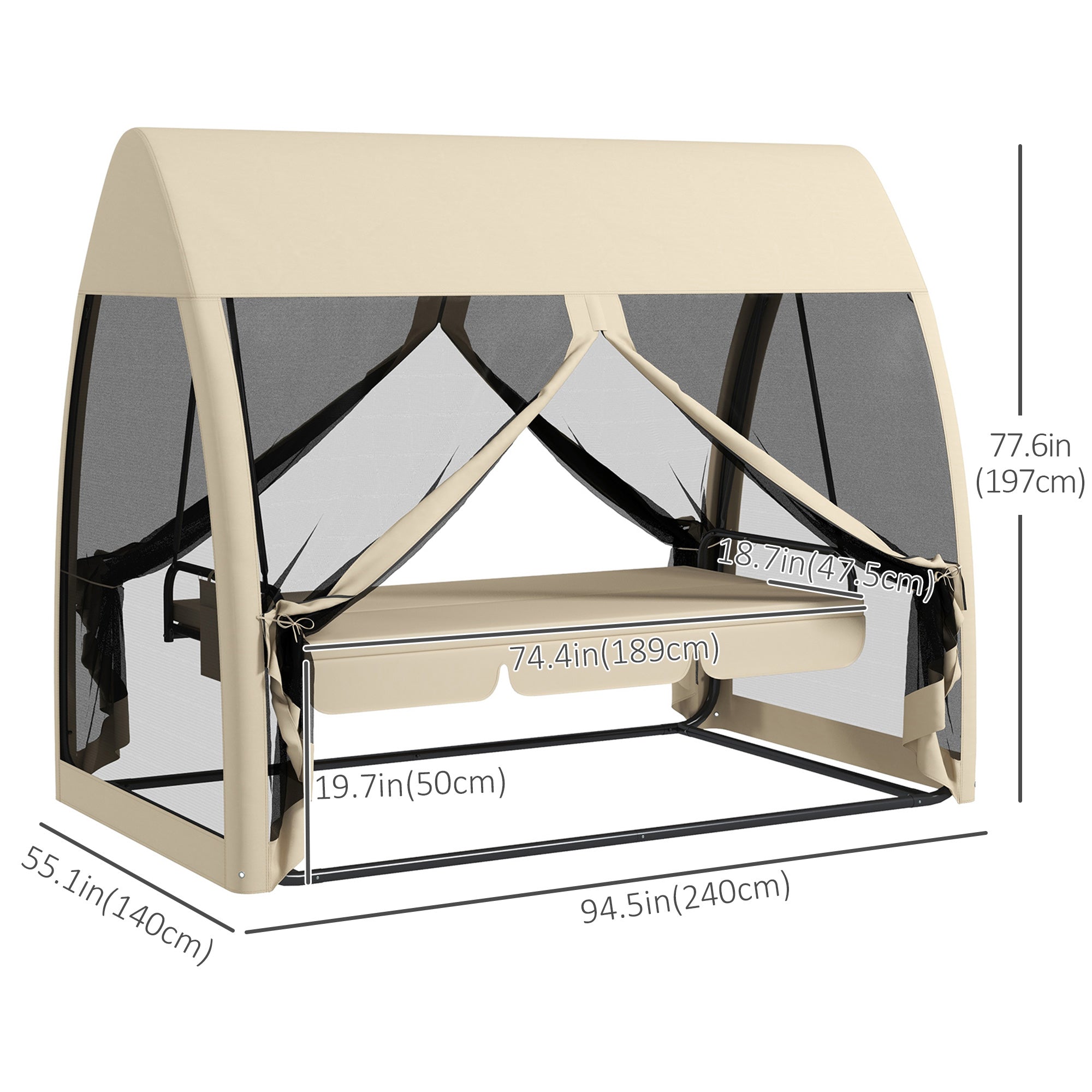 Outsunny 3-Seater Outdoor Swing Chair Chaise Lounger Bed Garden Hammock with Steel Stand, Canopy Netting Walls, Beige