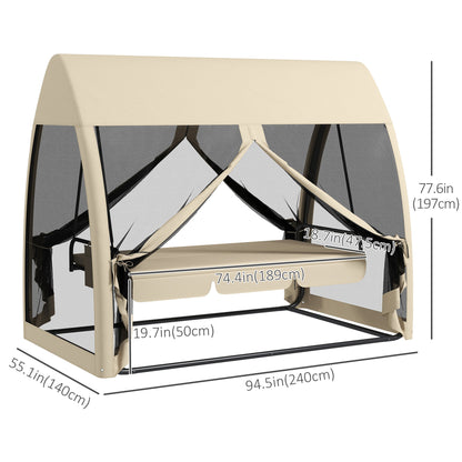 Outsunny 3-Seater Outdoor Swing Chair Chaise Lounger Bed Garden Hammock with Steel Stand, Canopy Netting Walls, Beige