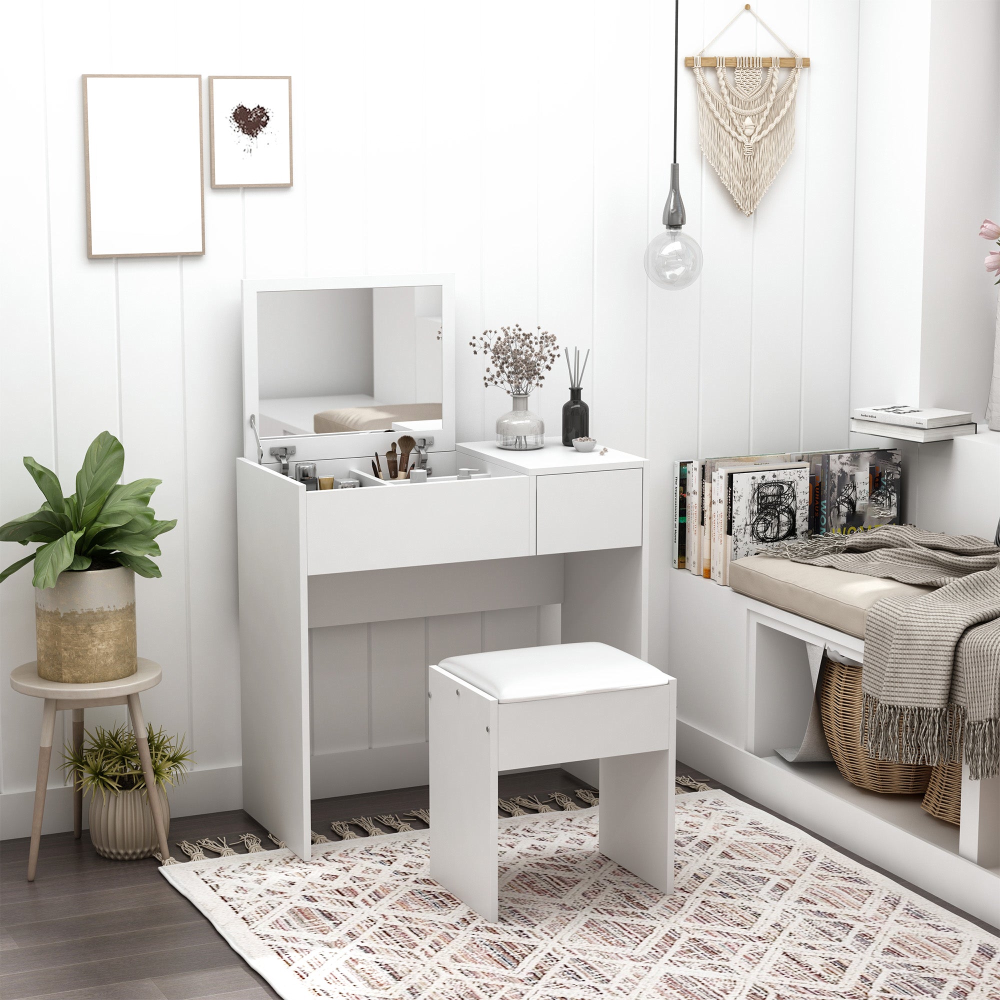 HOMCOM Modern Vanity Set with Flip Top Mirror and Cushioned Stool, Dressing Table with Storage Drawer for Bedroom, White