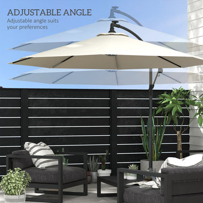 Outsunny 10ft Outdoor Cantilever Hanging Offset Umbrella with Solar LED Lights, Crank, Cross Base, Aluminum Frame, Beige