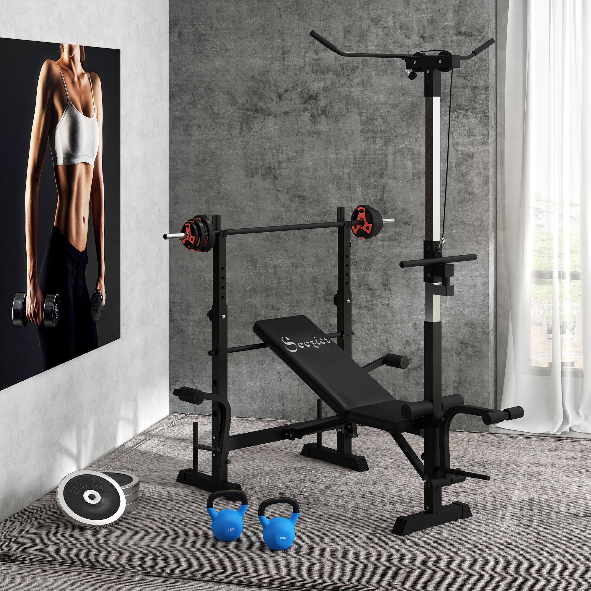 Soozier Adjustable Weight Bench with Pulley System for Home Gym Full Body Workout
