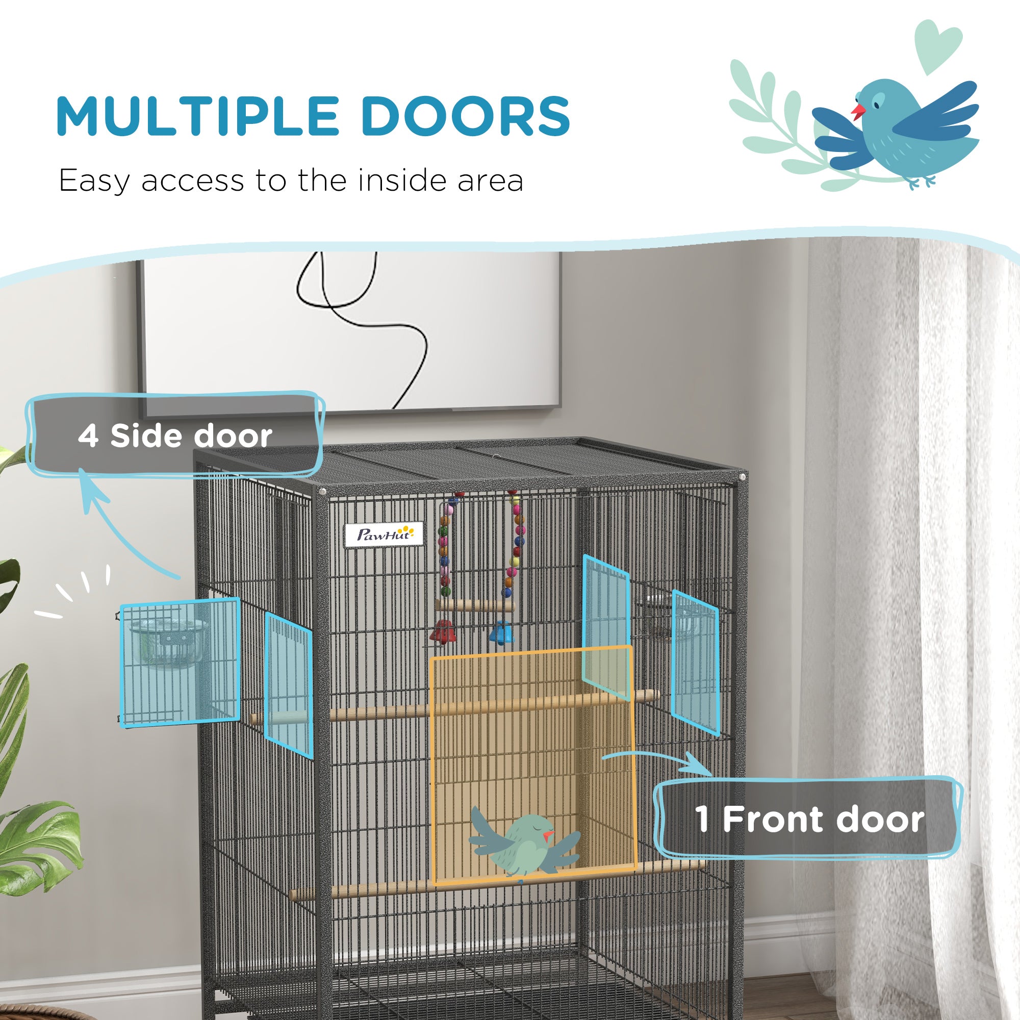 PawHut 29" Bird Cage for Parrots Lovebirds Budgies Finches, Flight Cage with 5 Doors, Swing, Stainless Steel Bowls, Removable Tray, Wheel, Grey