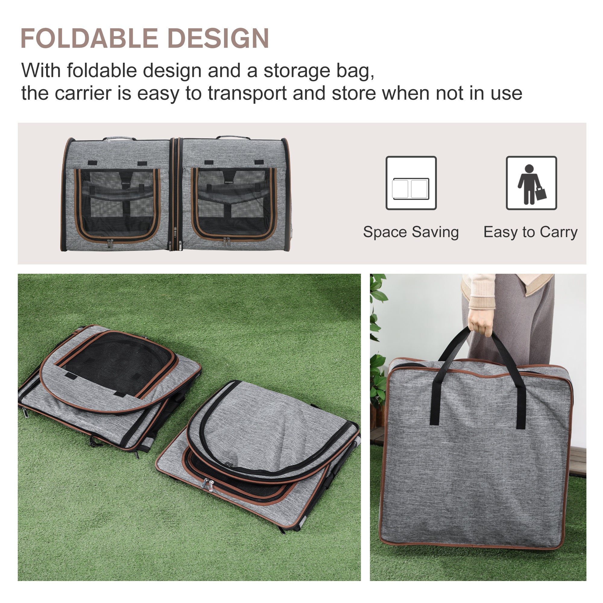 PawHut 39" Travel Pet Carrier, Portable Soft-Sided Cat Carrier with Divider, Two Compartments, Cushions, & Storage Bag, Grey