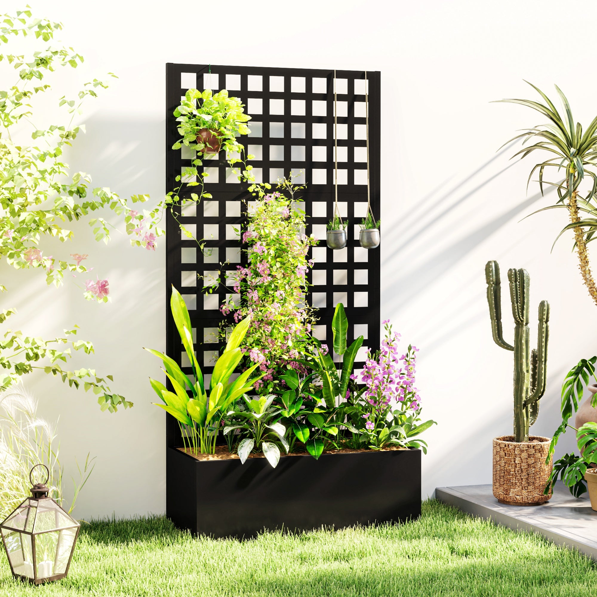 Outsunny Galvanized Raised Garden Bed Planter Box with Trellis for Climbing Plants, Vegetable, Vines, 35" x 16" x 70"