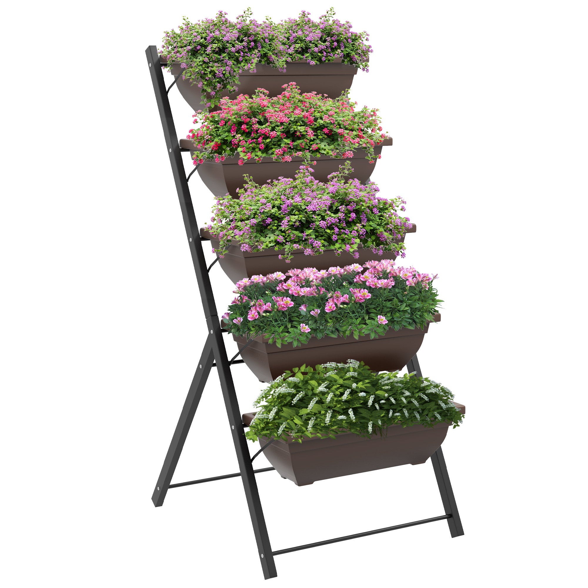 Outsunny 5-Tier Raised Garden Bed with 5 Planter Box, Outdoor Plant Stand Grow Containers with Leaking Holes, Brown