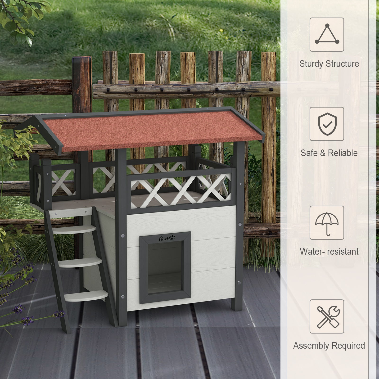 PawHut Wooden 2-Story Shelter for Feral Cats with Asphalt Roof, Stairs, Balcony, 30" x 20" x 29", White