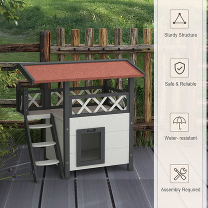 PawHut Wooden 2-Story Shelter for Feral Cats with Asphalt Roof, Stairs, Balcony, 30" x 20" x 29", White