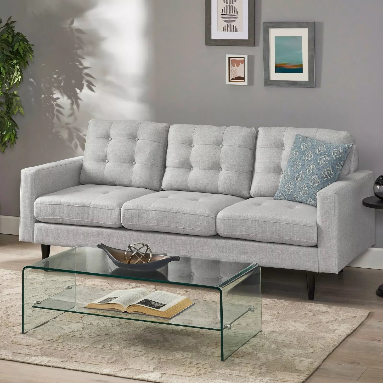 3-Seater Sofa with Button Tufted Waffle Stitch, Rubberwood Legs, 83" L x 33.5" W x 35.5" H