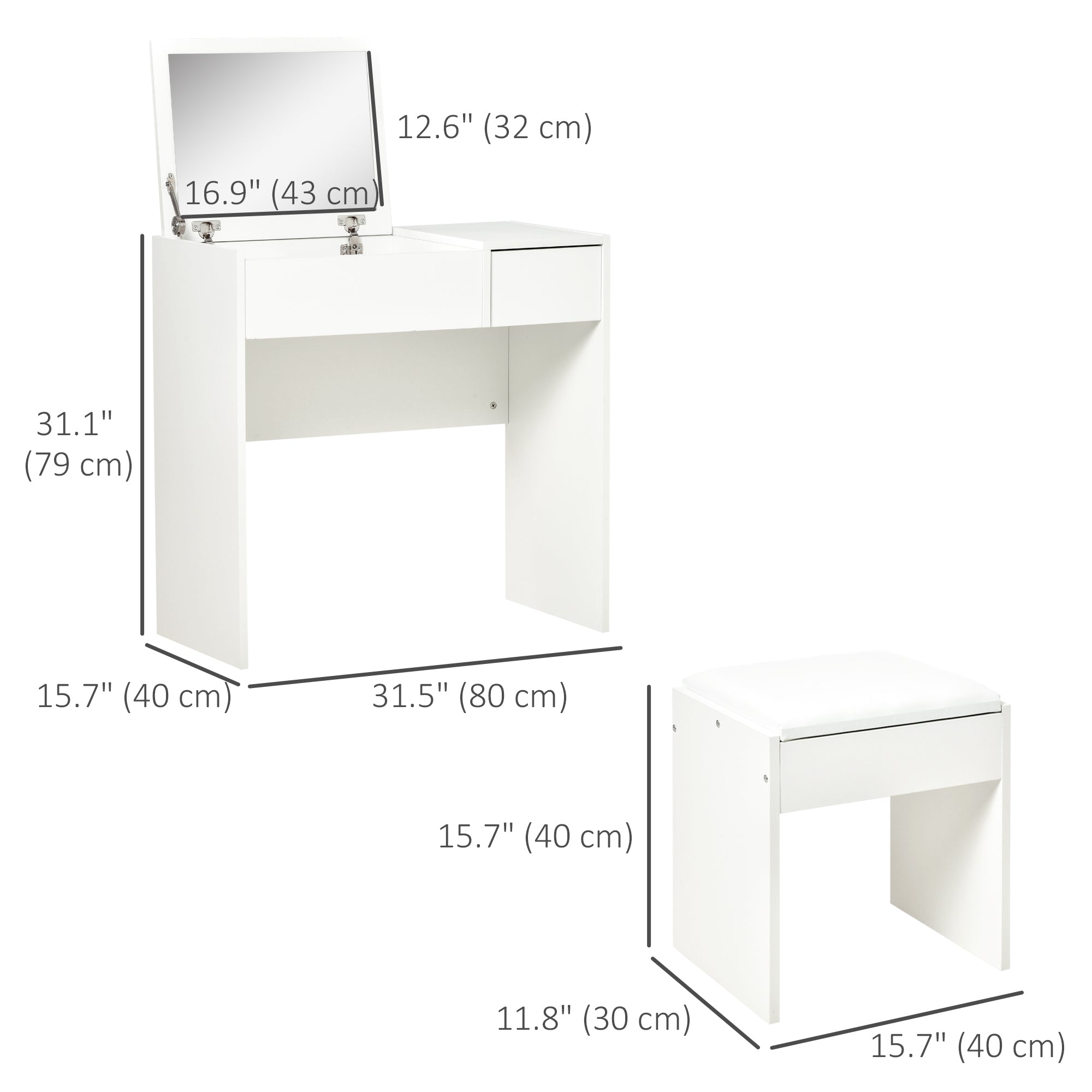 HOMCOM Modern Vanity Set with Flip Top Mirror and Cushioned Stool, Dressing Table with Storage Drawer for Bedroom, White