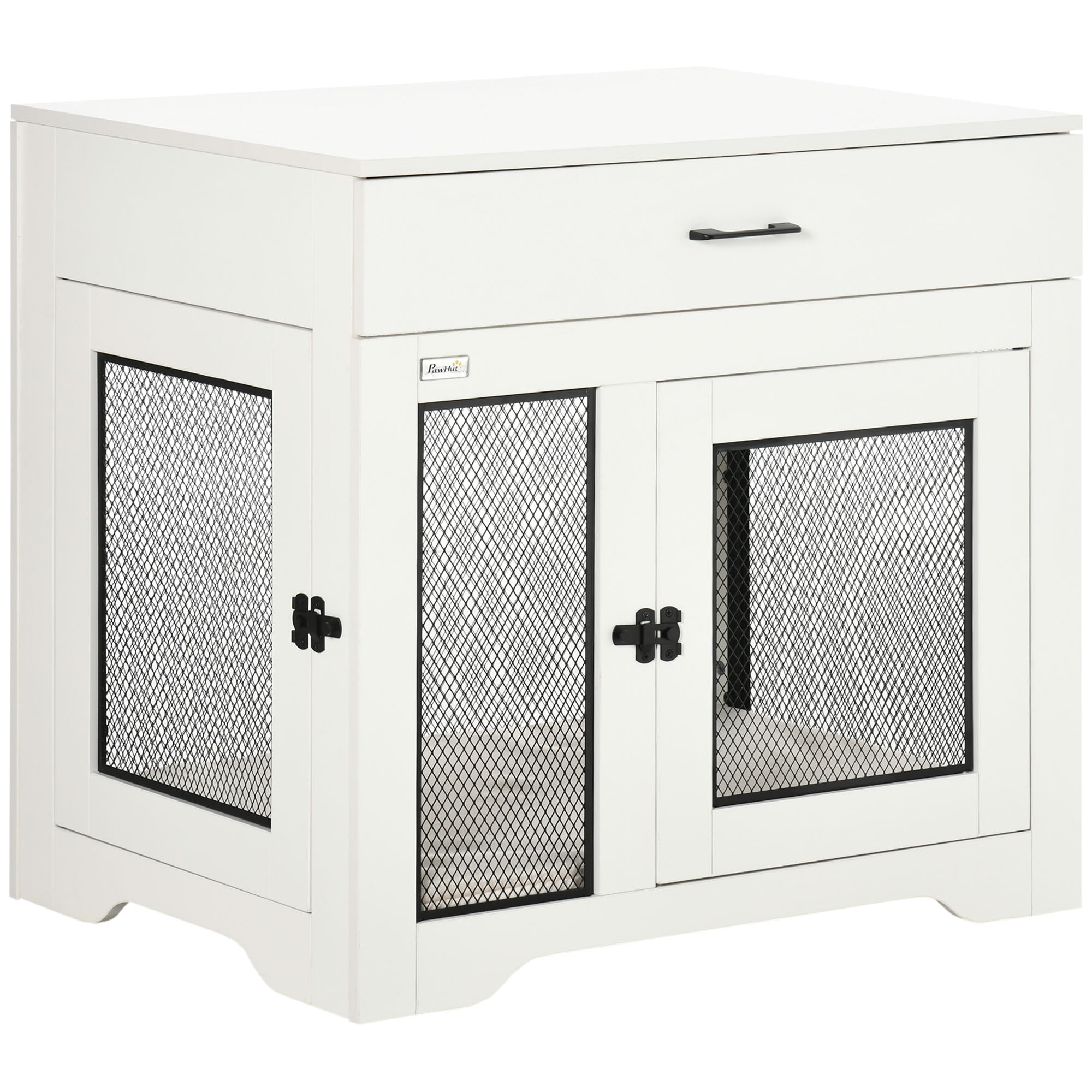 PawHut Dog Crate Furniture with Cushion, 2 Doors, Storage, Dog Kennel End Table for Small Medium Dogs, White