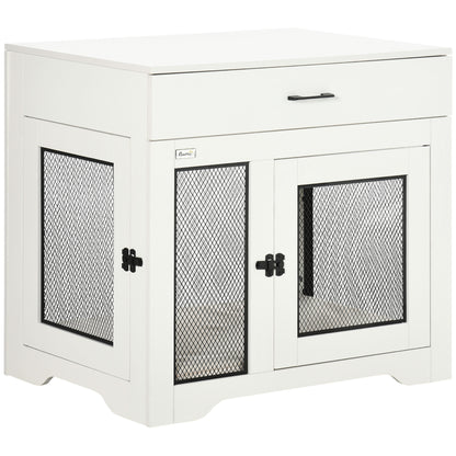 PawHut Dog Crate Furniture with Cushion, 2 Doors, Storage, Dog Kennel End Table for Small Medium Dogs, White