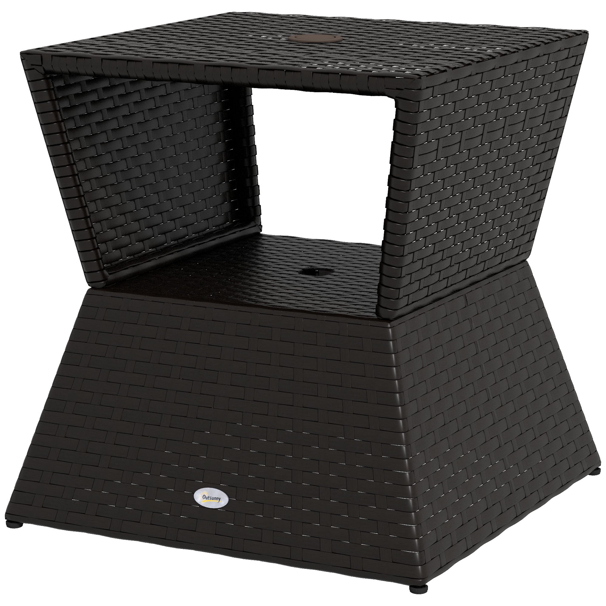Outsunny Outdoor Patio Rattan Wicker Coffee Table Garden End Tea Table Bistro Side Table w/ Umbrella Hole, Dark Coffee