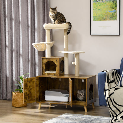 PawHut Litter Box Enclosure with Cat Tree Tower, Hidden Cat Washroom Furniture with Condo, Scratching Posts, Large Platform, Hammock and Soft Cushion, Rustic Brown