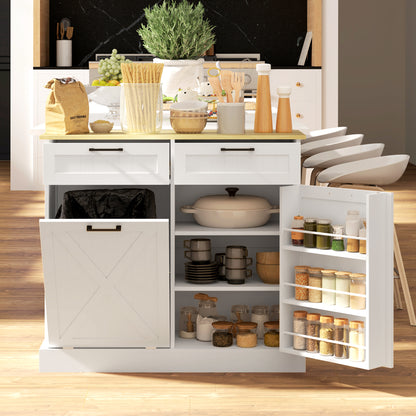 HOMCOM 10 Gallon Hidden Garbage Bin Cabinet, Tilt Out Trash Cabinet w/ 2 Drawers, Freestanding Kitchen Island, White