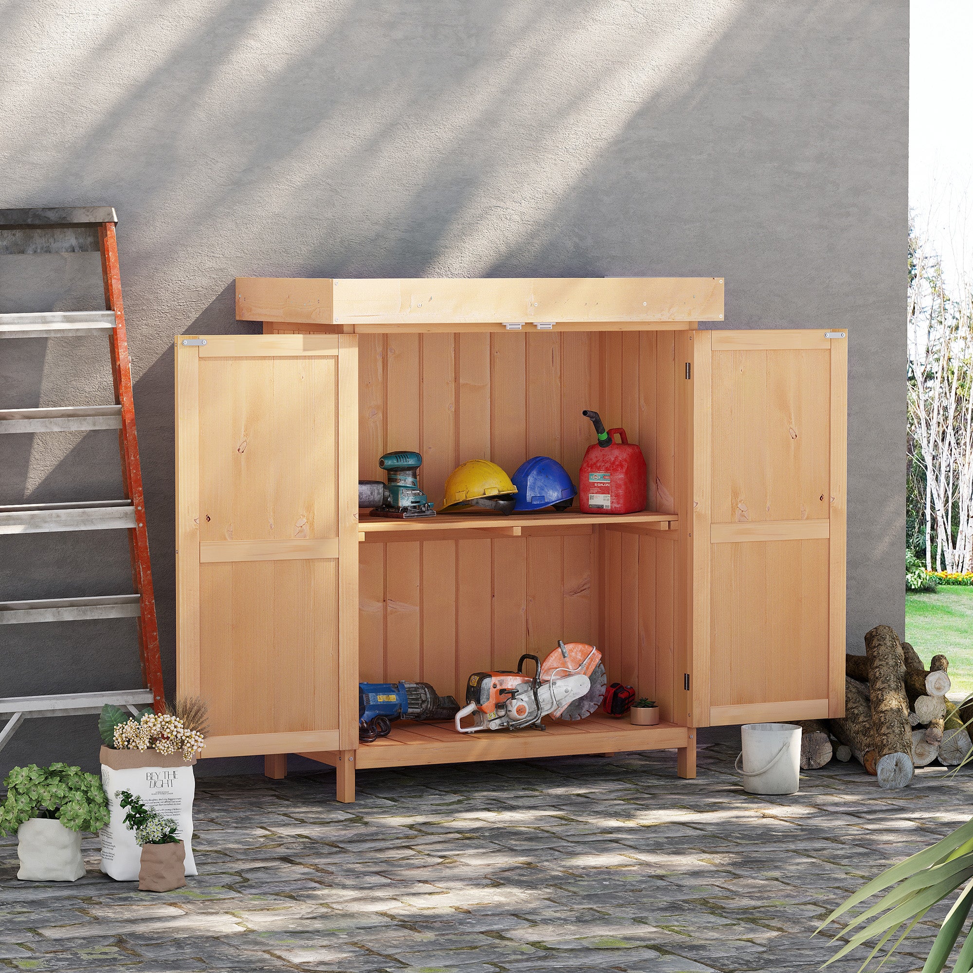 Outsunny Wooden Garden Tool Storage Shed Kit with Hinged Roof, 2-Tier Shelves and Double Doors, 74x43x88cm, Natural Wood