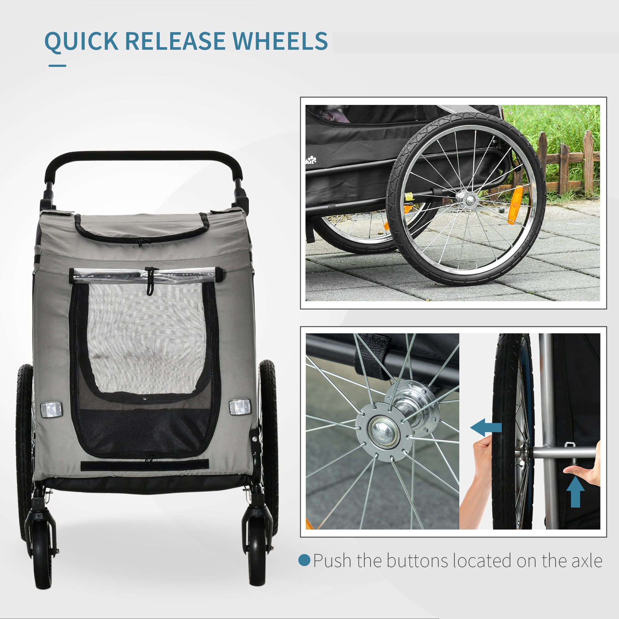 Aosom Dog Bike Trailer, 2-in-1 Dog Wagon Pet Stroller for Travel with Universal Wheel Reflectors Flag, for Small and Medium Dogs, Grey