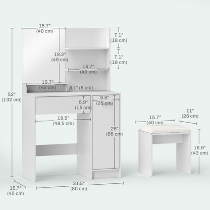 HOMCOM Vanity Set with Mirror and Stool, Makeup Vanity Table with Storage Drawer, Cabinet, Adjustable Shelf for Bedroom, White