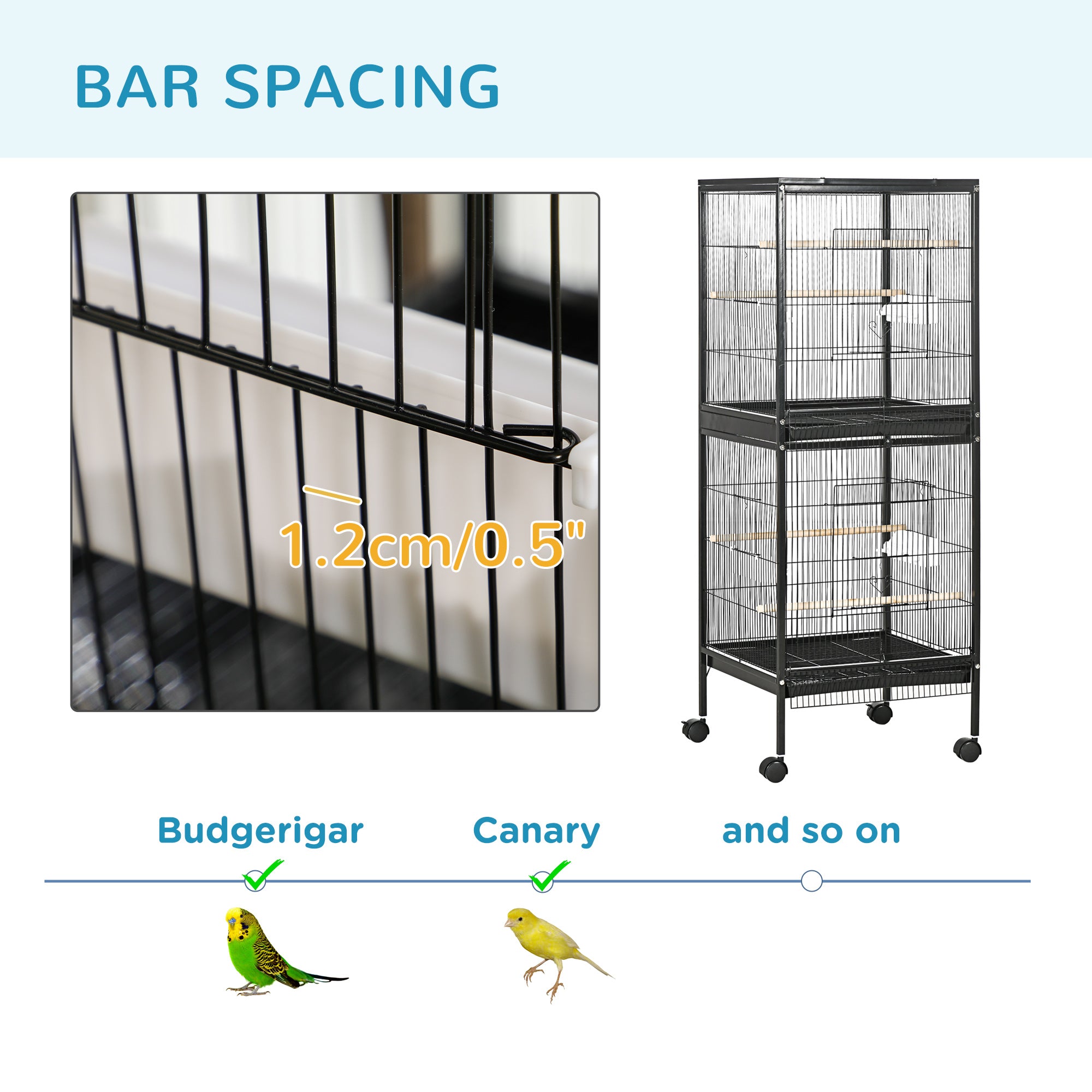 PawHut 55.1" 2 In 1 Bird Cage Aviary Parakeet House for finches, budgies with Wheels, Slide-out Trays, Wood Perch, Food Containers, Black
