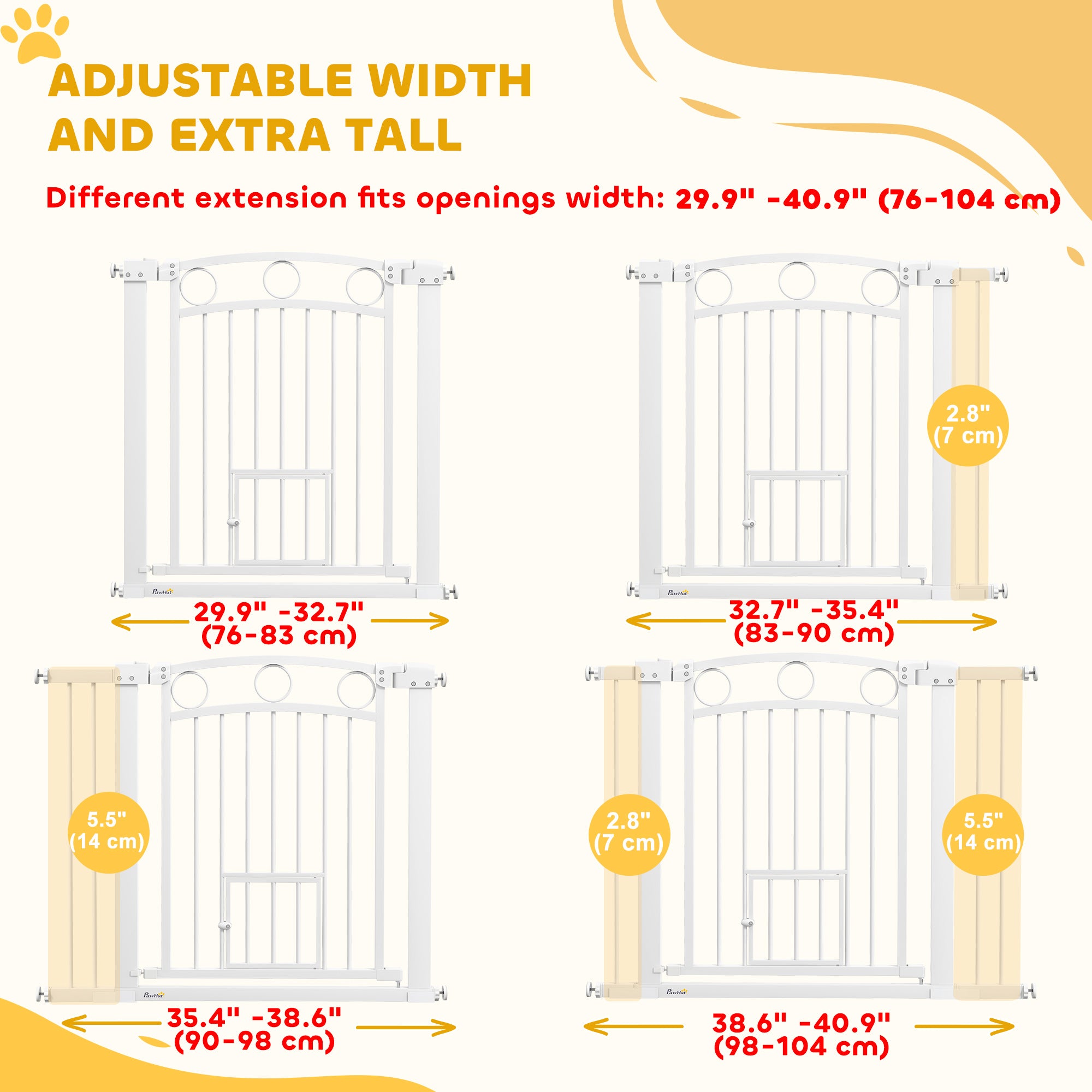 PawHut 30" Extra Tall Dog Gate w/ Cat Door, 2 Extension Kits, for Doorways, Hallways, Stairways, 30"-41" Width