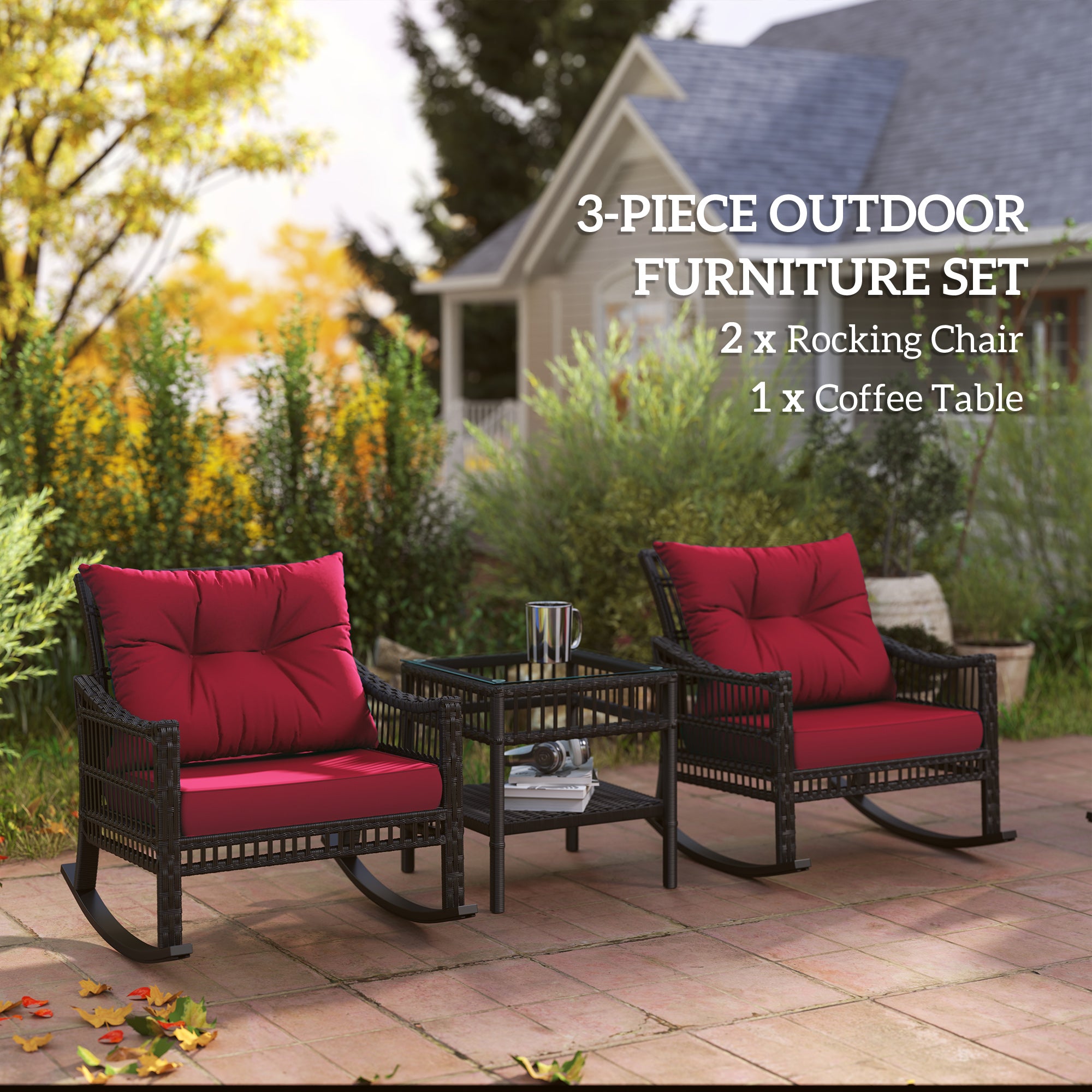 Outsunny 3 Pieces Outdoor PE Rattan Rocker Chair Set, Rocking Chair with Tempered Glass Table Top, 25"x26"x28", Red