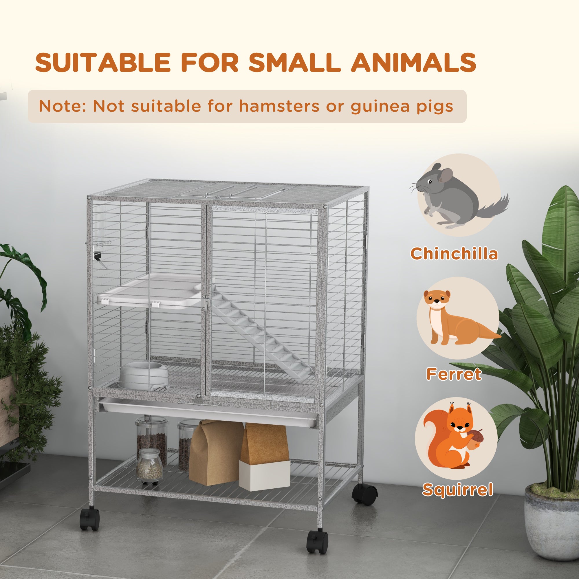 PawHut Rolling Small Animal Cage 34"H Chinchilla Cage for Ferrets, Squirrels w/ Removable Tray, Storage Shelf, Black