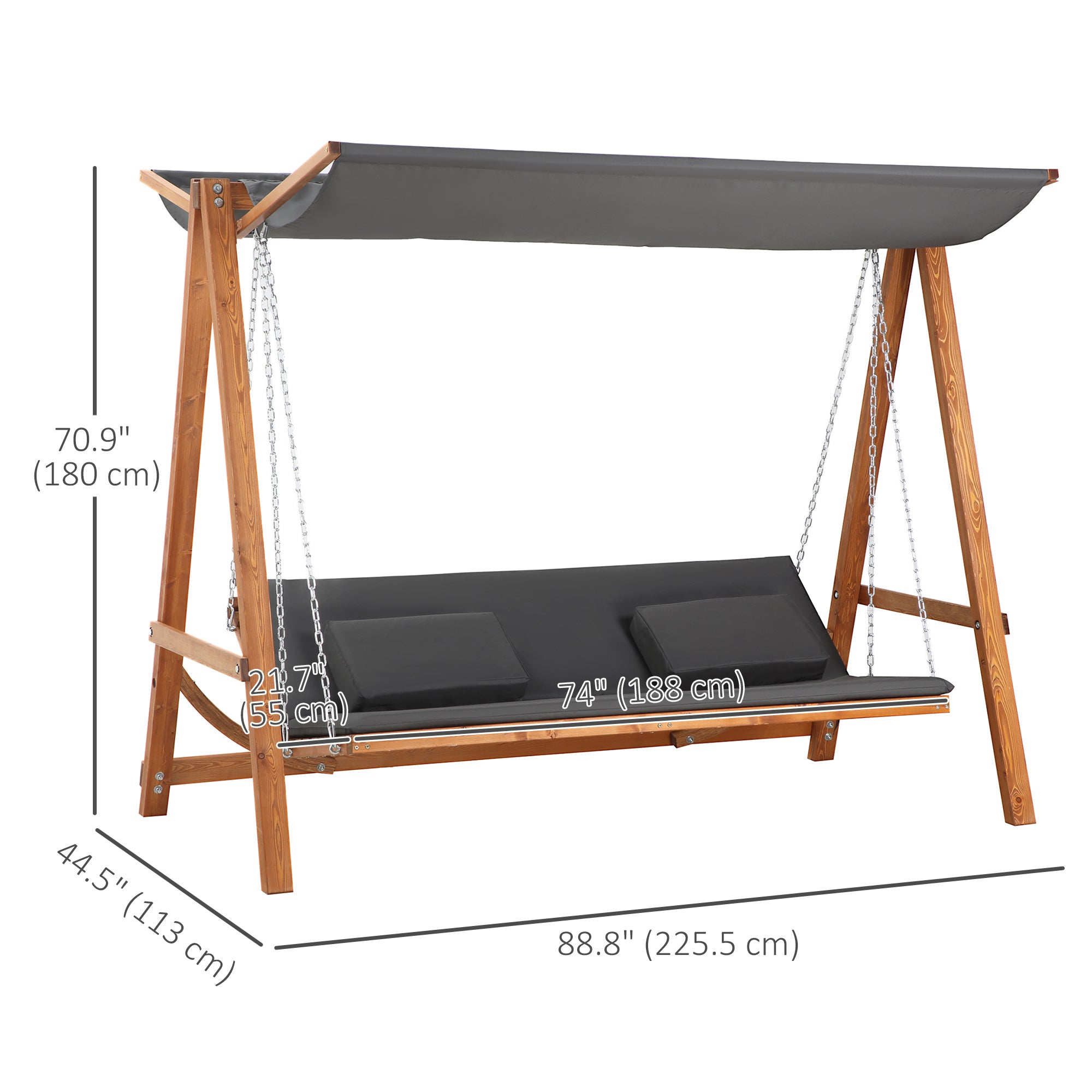 Outsunny 3 Seater Patio Swing Chair Convertible Cushioned Porch Swing Bed with Canopy, Wood Frame for Outdoor, Backyard, Garden