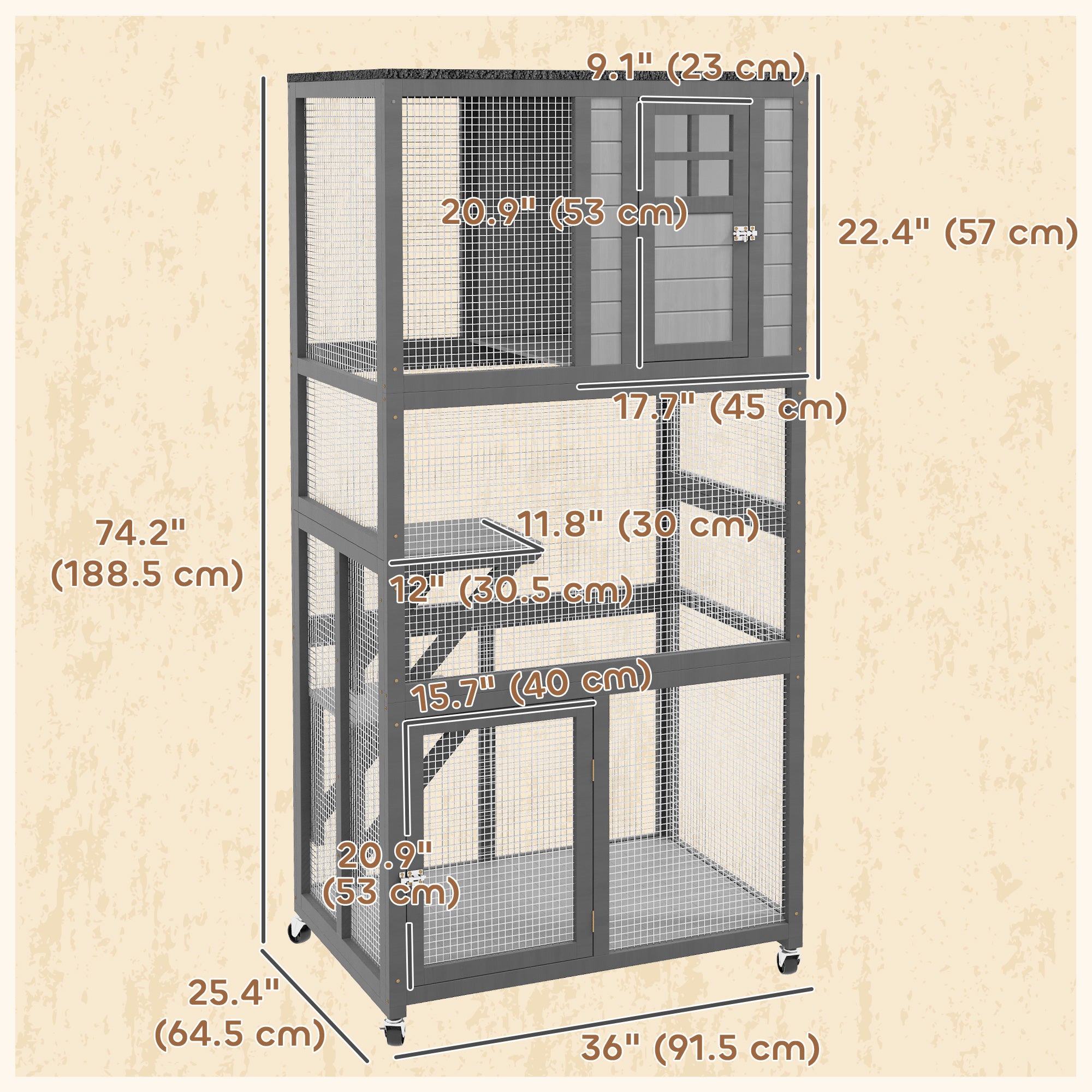 PawHut 74" Wooden Outdoor Cat House Weatherproof & Wheeled with High Weight Capacity, Kitten Cage Condo, Light Grey