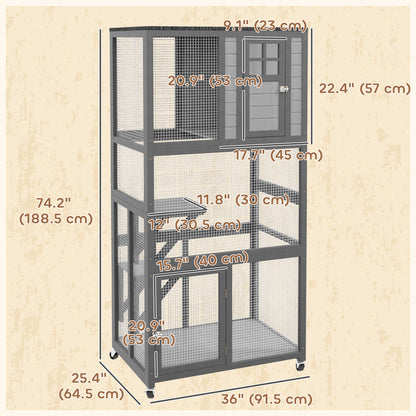 PawHut 74" Wooden Outdoor Cat House Weatherproof & Wheeled with High Weight Capacity, Kitten Cage Condo, Light Grey
