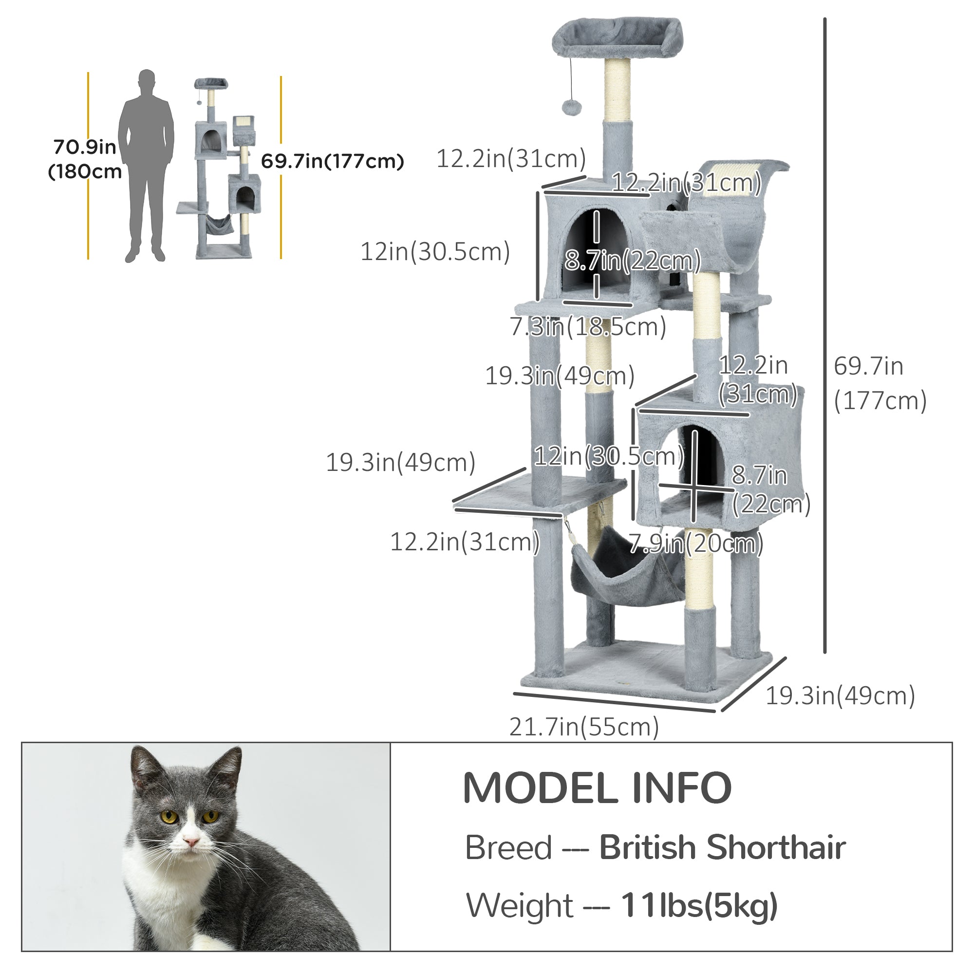 PawHut Tall Cat Tree for Indoor Cats, 70" Multi-Level Cat Tower with Hammock, Cat Bed, Cat Condo with Sisal Scratching Posts, Bluish Grey