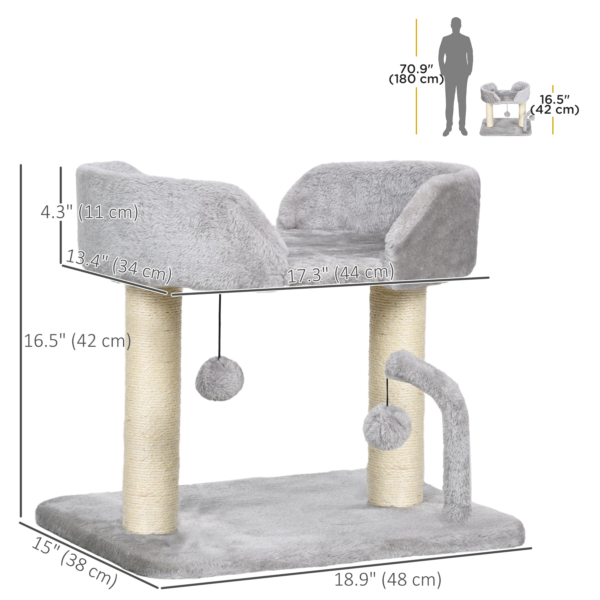 PawHut Cat Tower Condo for Indoor Cats, Small Cat Tree with Sisal Scratching Posts, Top Perch, Dangling Balls, Light Grey