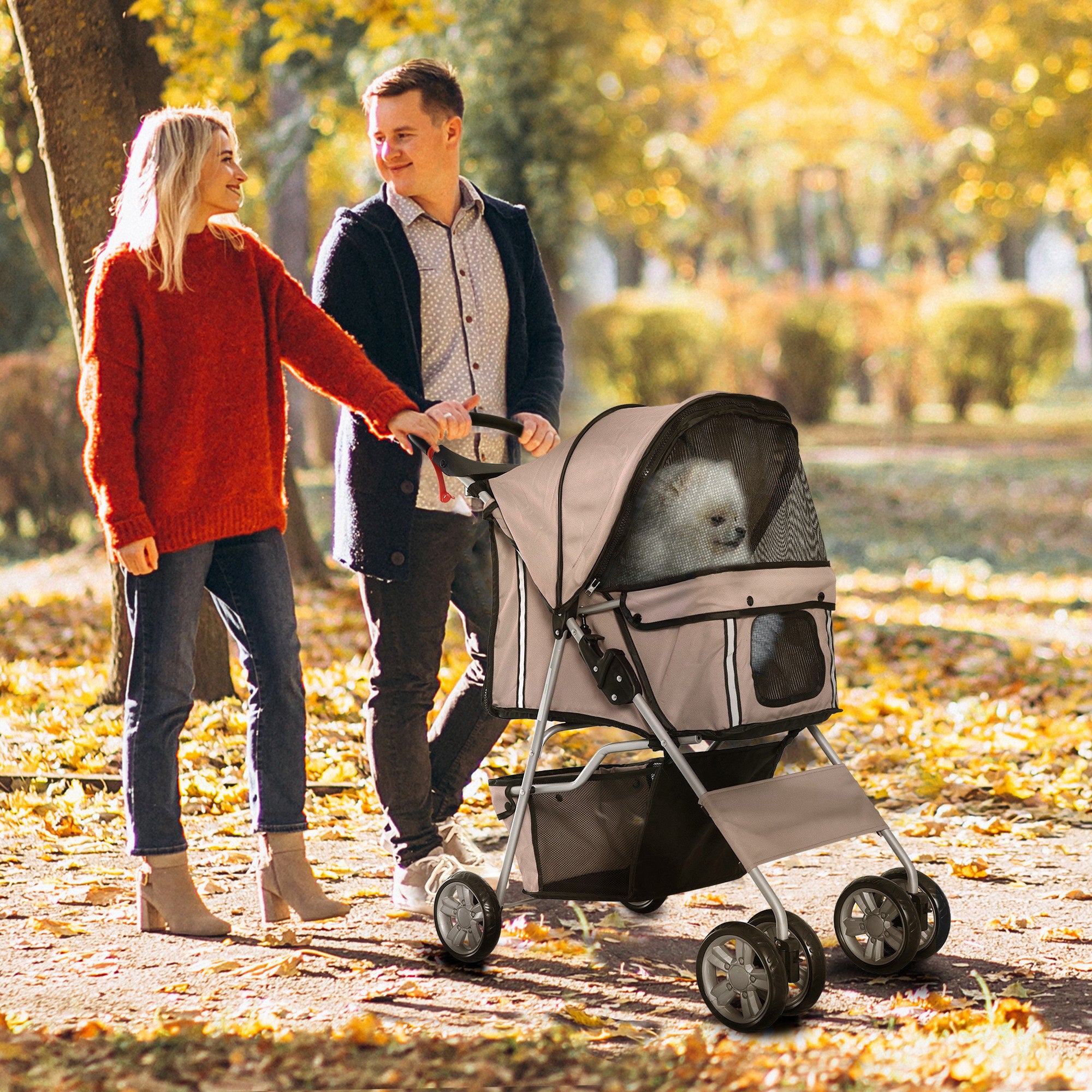 PawHut 4 Wheel Dog Pet Stroller Dog Cat Carrier Folding Sunshade Canopy with Brake, Brown