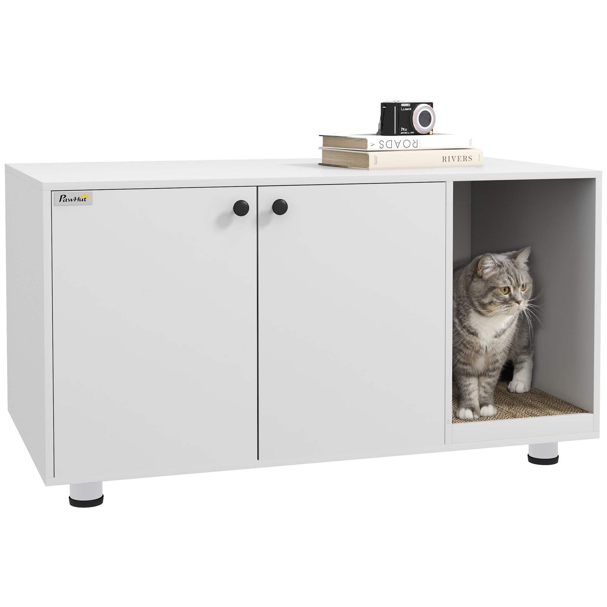 PawHut Litter Box Furniture Hidden Cat Washroom Furniture with Double Doors and Scratching Pad, White