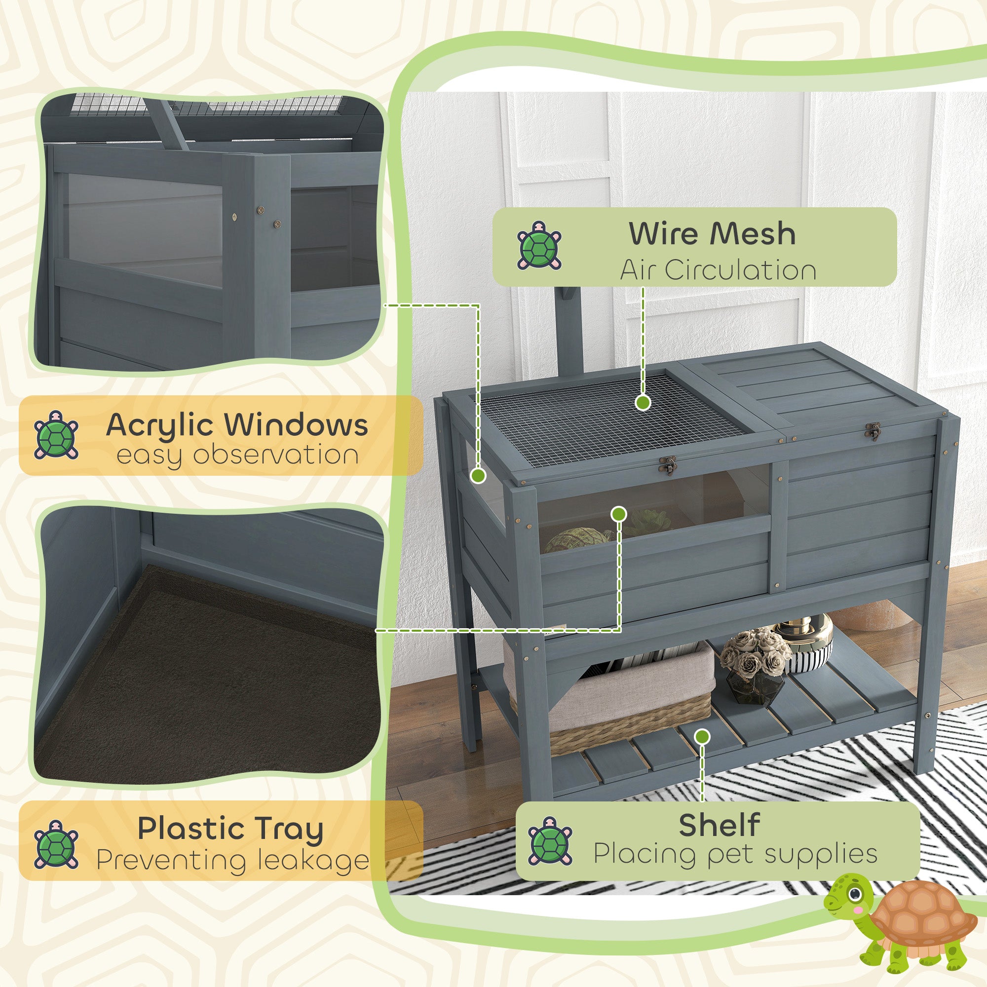 PawHut Wooden Tortoise House Habitat with Shelf, Light Support Frame, Tray for Indoor Use, 33" L x 20" W x 41" H