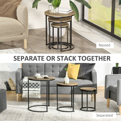HOMCOM Nesting Tables Set of 3, Round Coffee Table, Stacking Side Tables with Steel Frame for Living Room