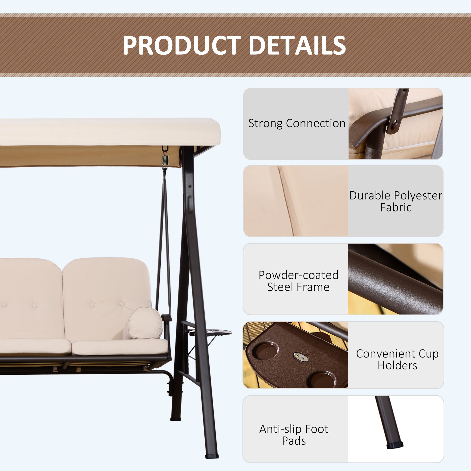 Outsunny 3 Seater Heavy Duty Swing Chair Outdoor Lounge Hammock Cushioned Seat W/ Tilt Canopy, Beige