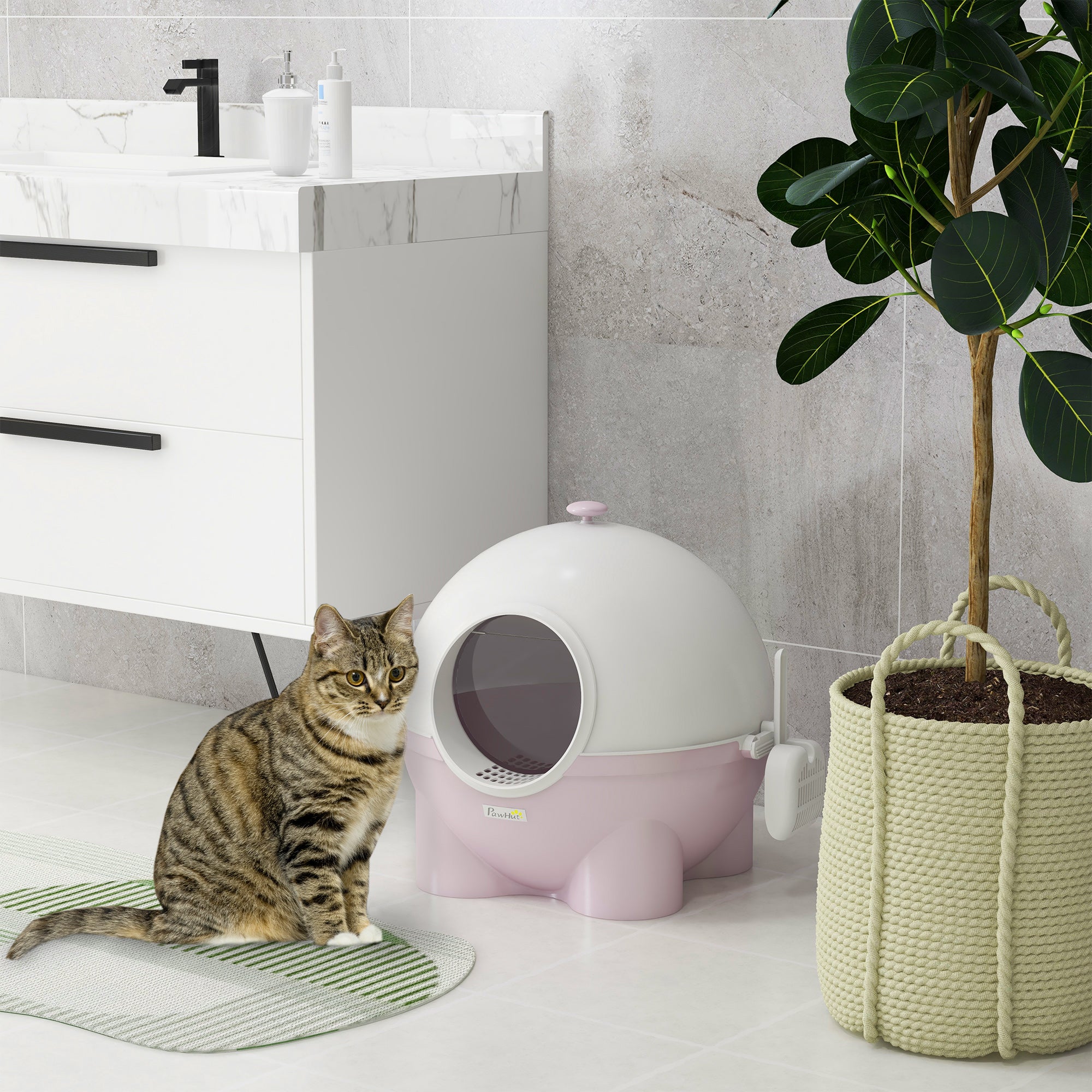 PawHut Enclosed Cat Litter Box, Large Kitty Litter Box with Lid, Scoop, Leaking Sand Pedal, Top Handle, Pink