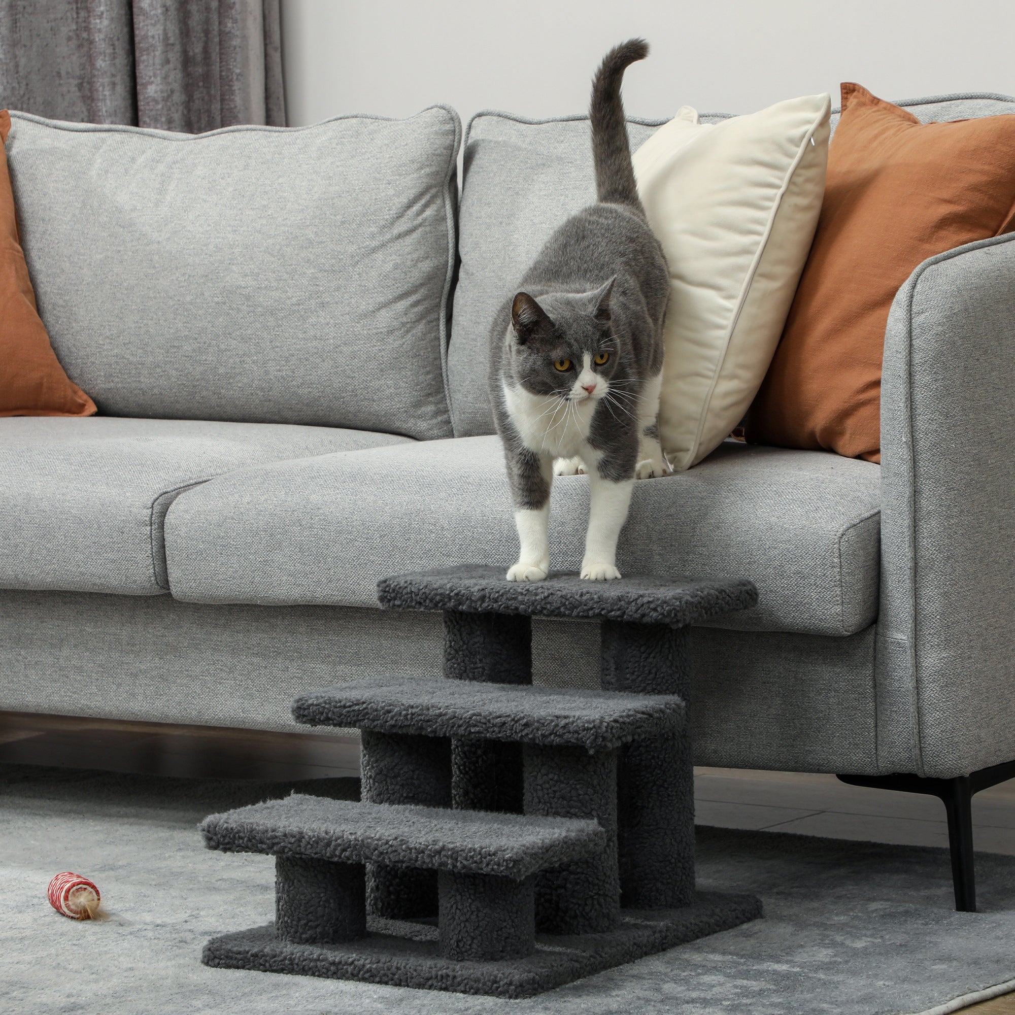 PawHut 18" 3 Tier Pet Stairs Dog Cat Step Scratch Post Furniture,  Dark Grey