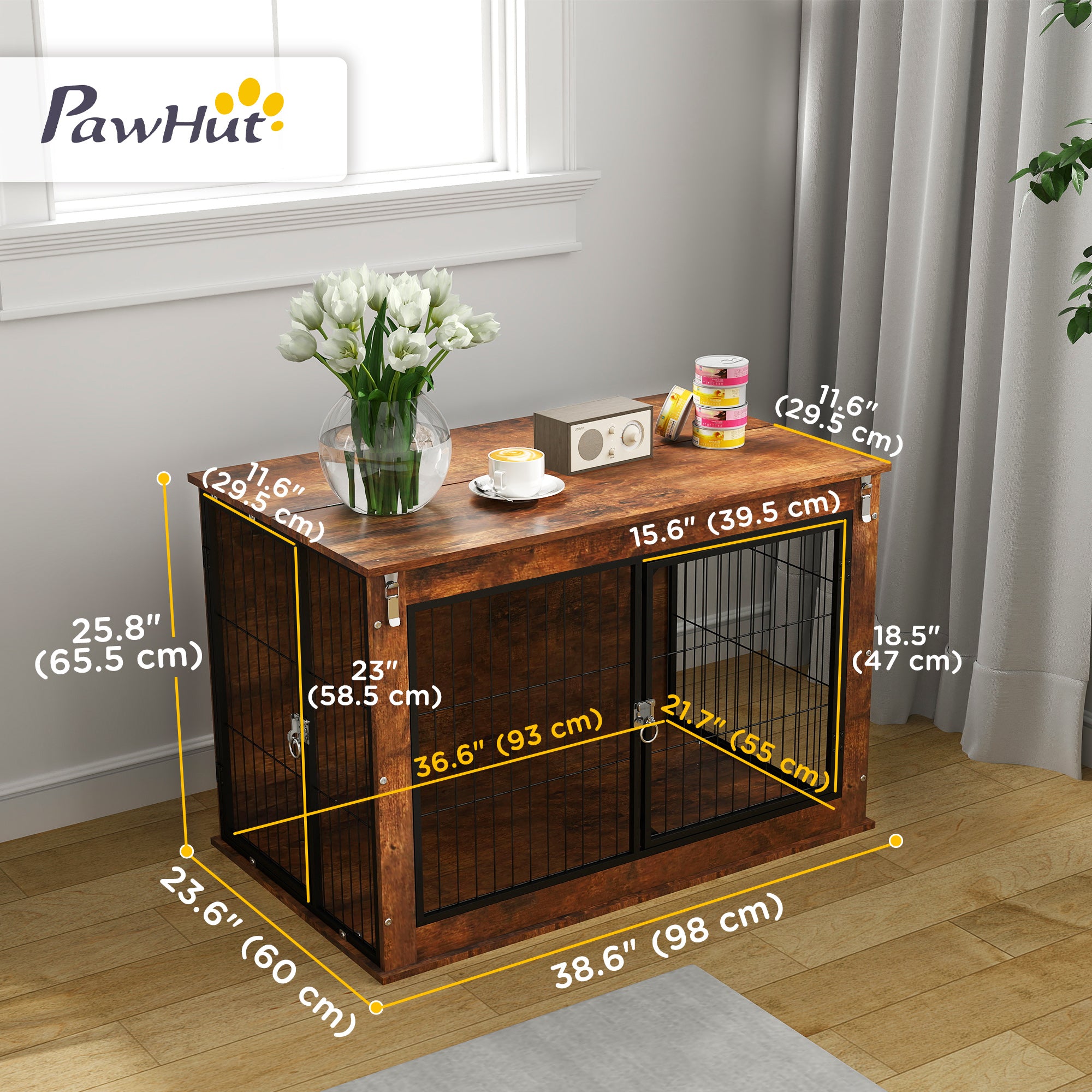 PawHut 39" Dog Crate Furniture w/ Flip-up Top Opening, 2 Doors, Dog Kennel Furniture for Large Dogs, Rustic Brown