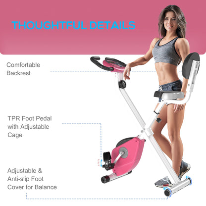 Soozier Foldable Indoor Stationary Bike with 8 Levels of Magnetic Resistance, Exercise Bike for Cardio Workout, Pink