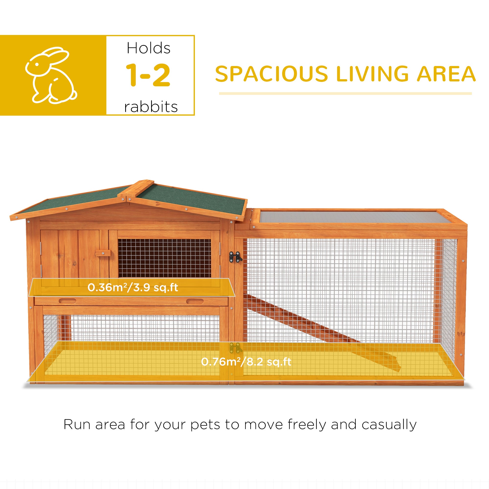PawHut Wooden Rabbit Hutch Guinea Pig House with Removable Tray, Openable Roof, Trough, Run for Tortoises and Ferrets, Orange