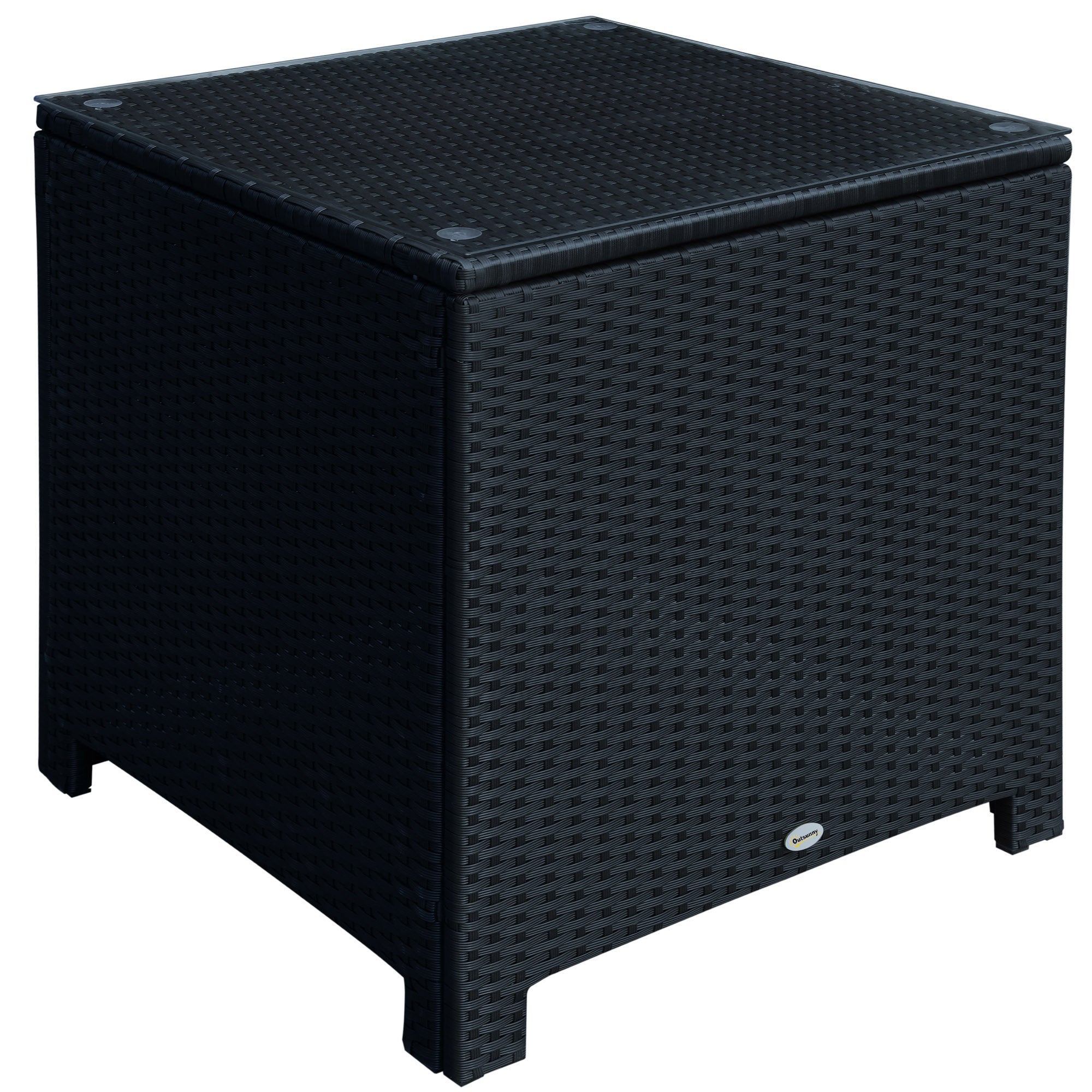 Outsunny Rattan Side Table Wicker Coffee Table with Glass Top Outdoor Patio Furniture For Patio Poolside Garden Lawn, Black