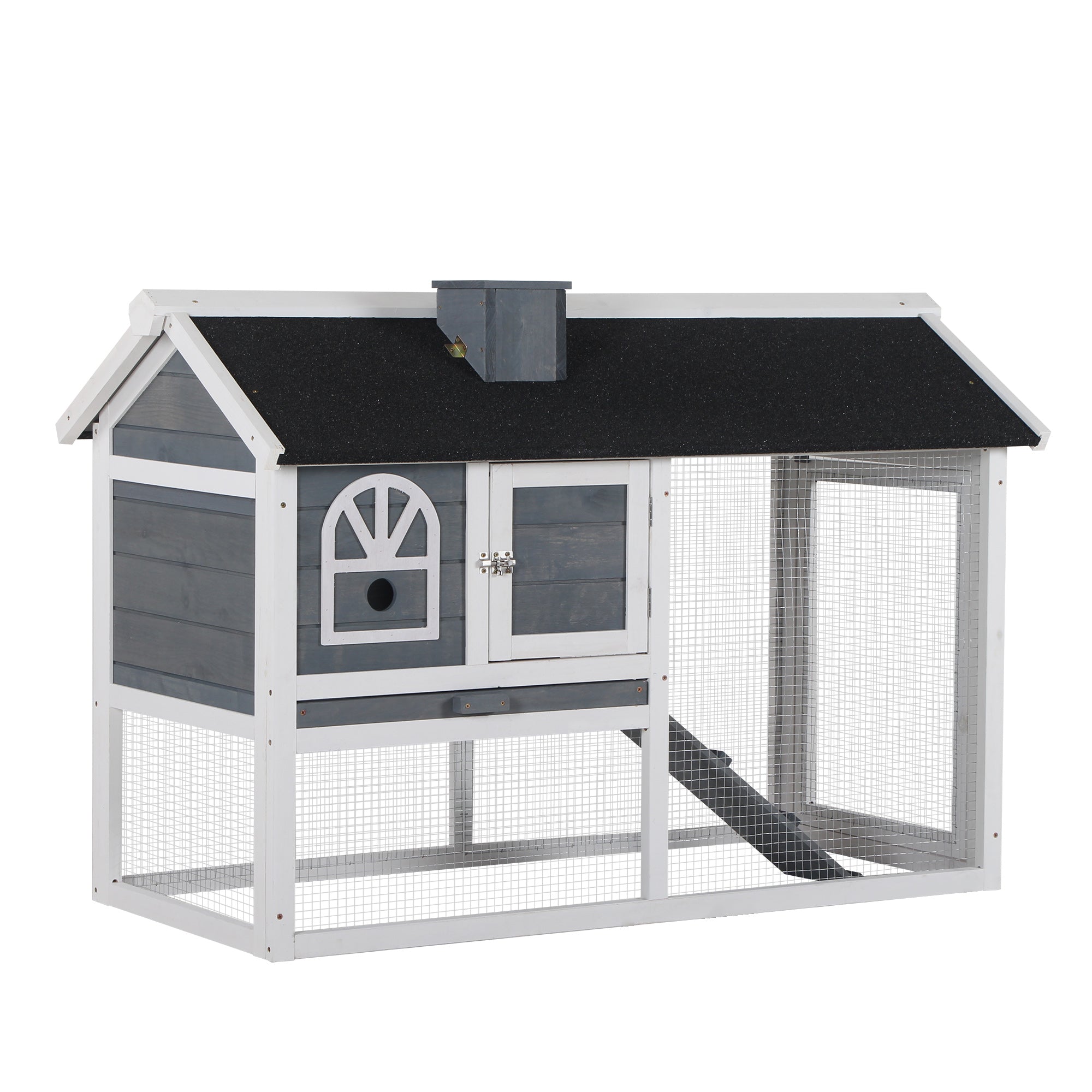 PawHut Wooden Rabbit Hutch with Run, Tray, Ramp, Asphalt Roof, Grey