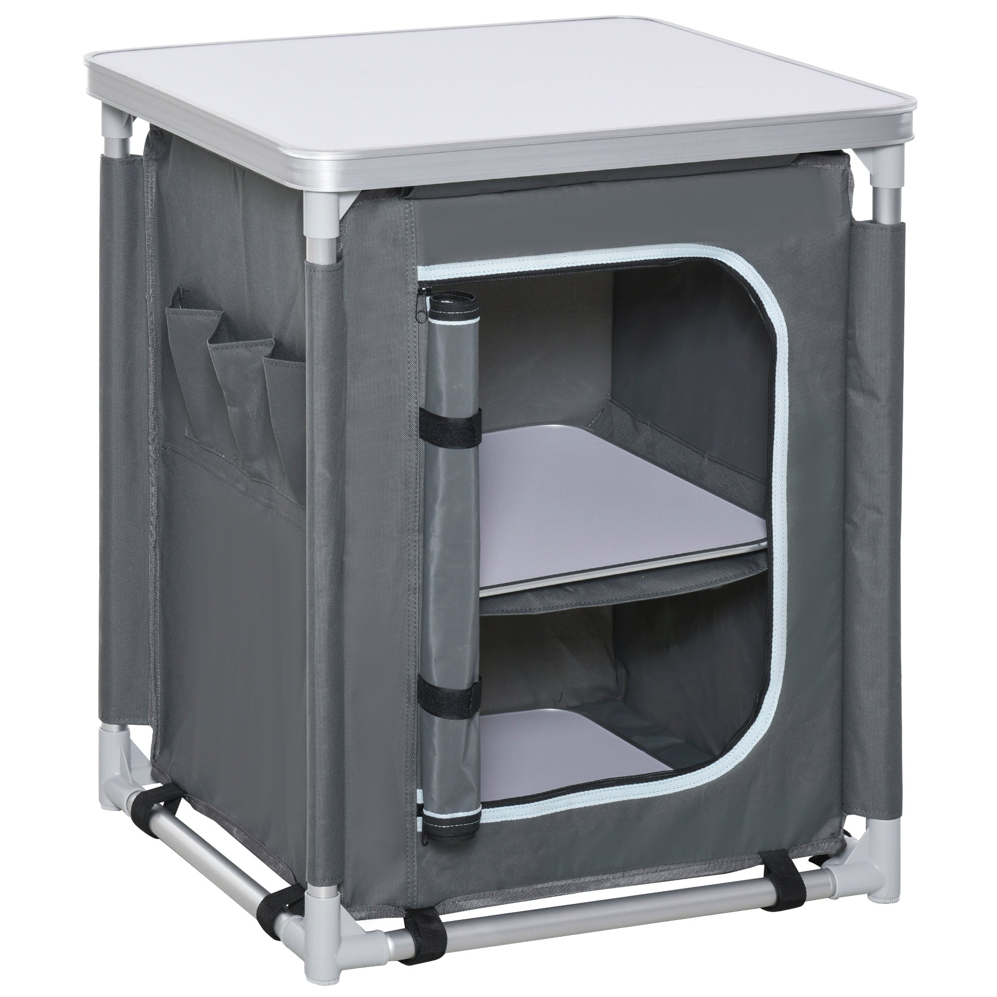 Outsunny Camping Kitchen Station, Aluminum Camping Table Cook Cupboard with 2-Shelf and Carrying Bag for BBQ Party Picnics, Grey