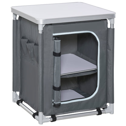 Outsunny Camping Kitchen Station, Aluminum Camping Table Cook Cupboard with 2-Shelf and Carrying Bag for BBQ Party Picnics, Grey