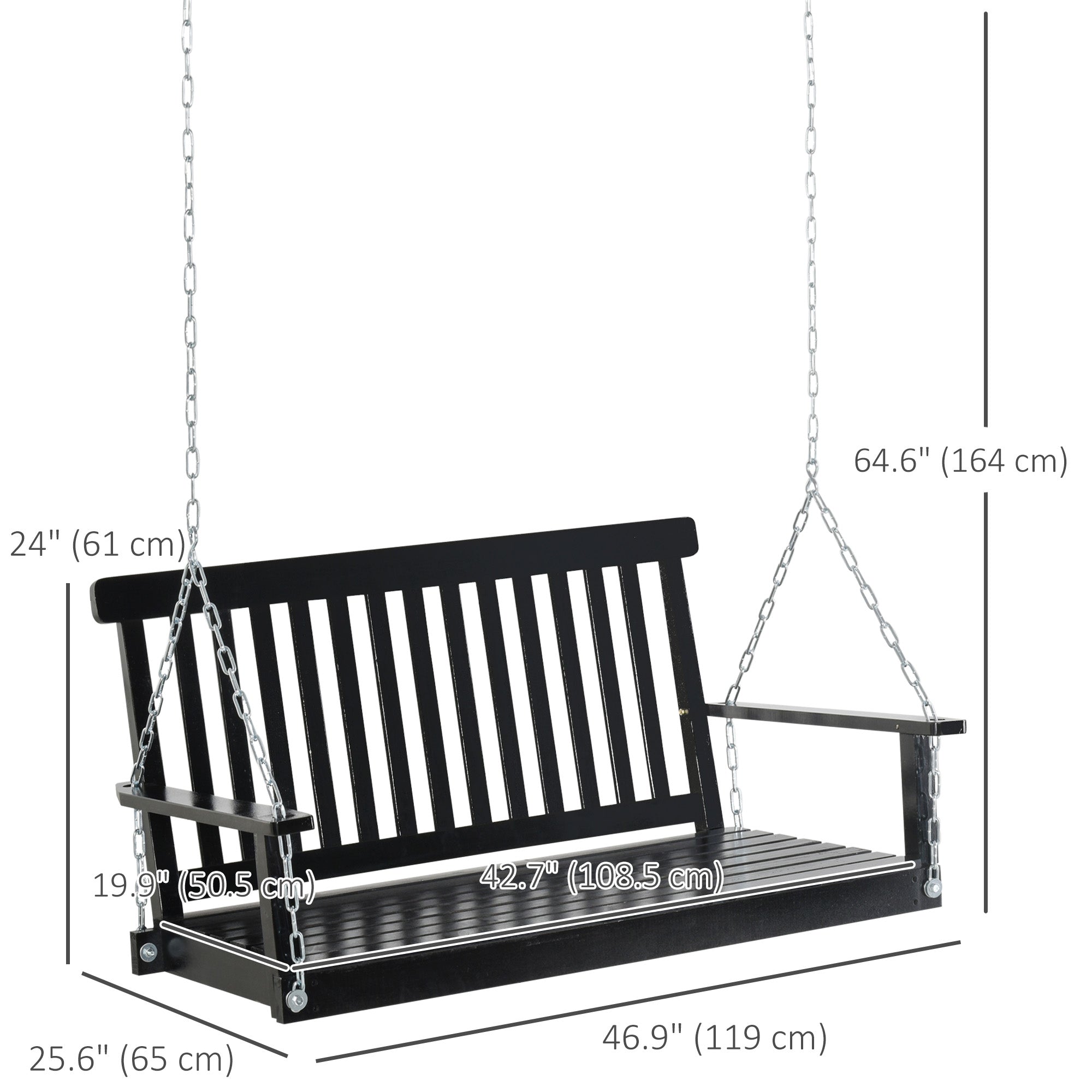 Outsunny 2-Seater Patio Swing Chair, Fir Wooden Porch Swing with Slatted Design, Hanging Chains for Outdoor, Garden, Black