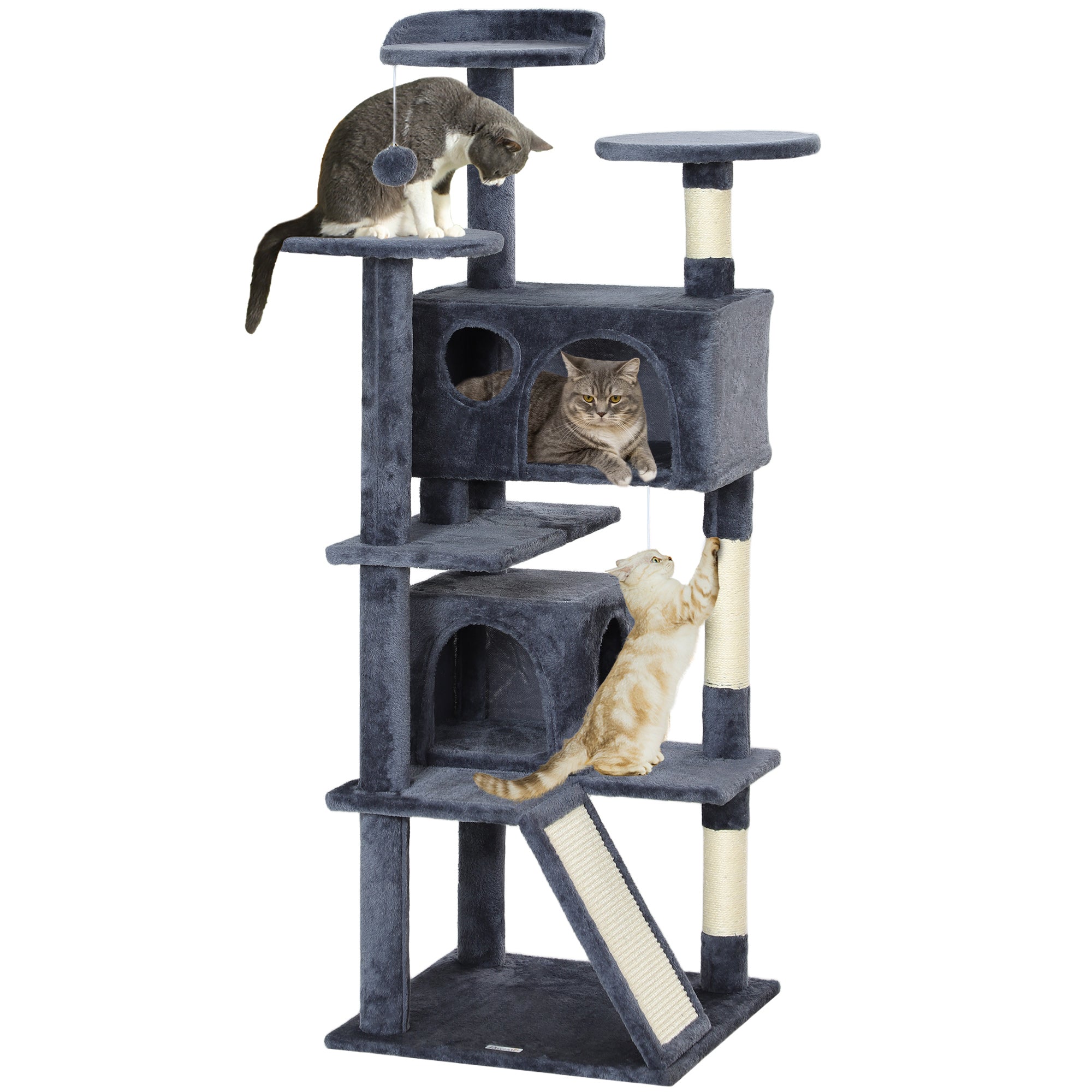 PawHut 54" Cat Tree, Multi-Level Cat Tower with Scratching Posts, Cat Condos, Bed, Platforms, Ramp, Toy Ball, Dark Grey