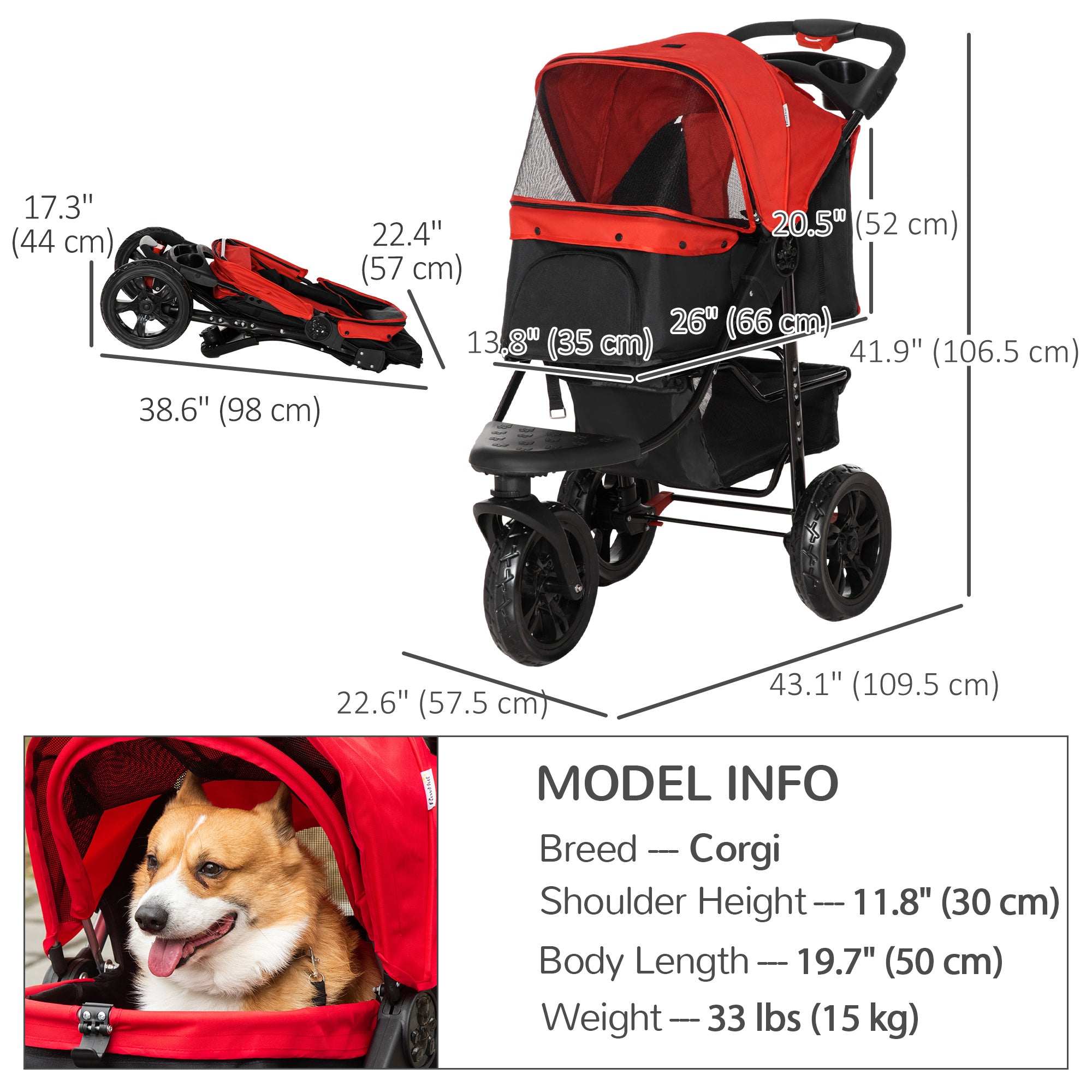 PawHut 3 Wheel Folding Dog Stroller, Jogger Travel Carrier with Adjustable Canopy, Storage Brake, Mesh Window for S&M Dogs, Red