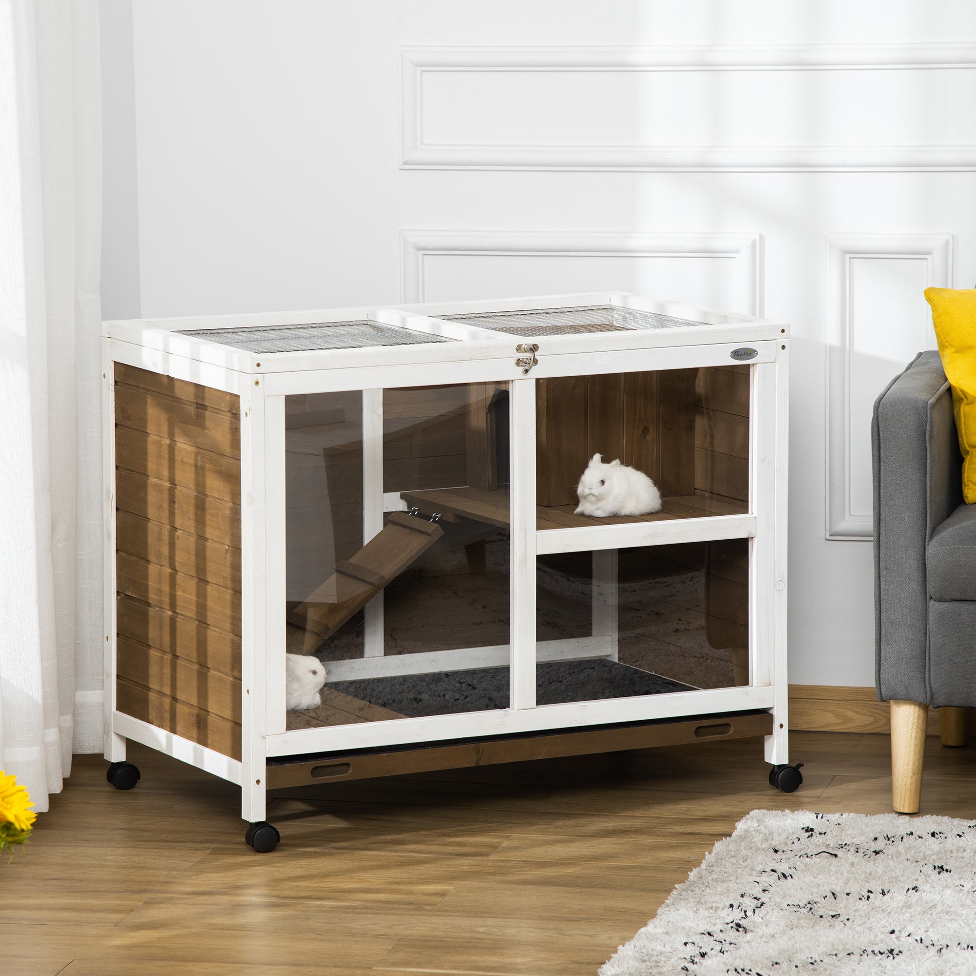 PawHut Indoor Rabbit Hutch with Wheels, Bunny Cage Guinea Pig House W/ Top Access, Ramp, Pull Out Tray, Brown