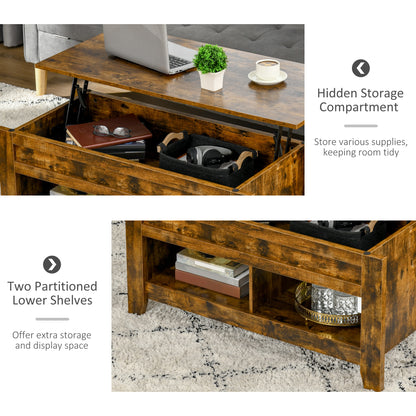 HOMCOM Lift Top Coffee Table with Hidden Storage Compartment and Open Shelves, Lift Tabletop Pop-Up Center Table for Living Room, Brown