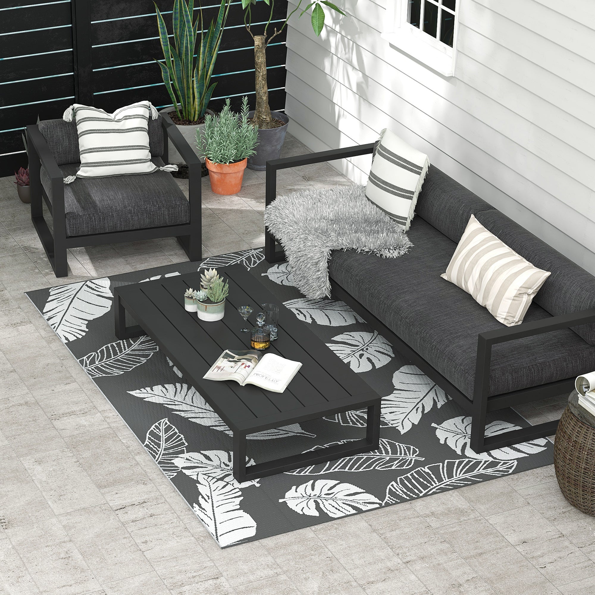Outsunny Reversible Outdoor RV Rug, Patio Floor Mat, 6' x 9' Plastic Rug for Backyard, Deck, Beach, Camping, Grey and White